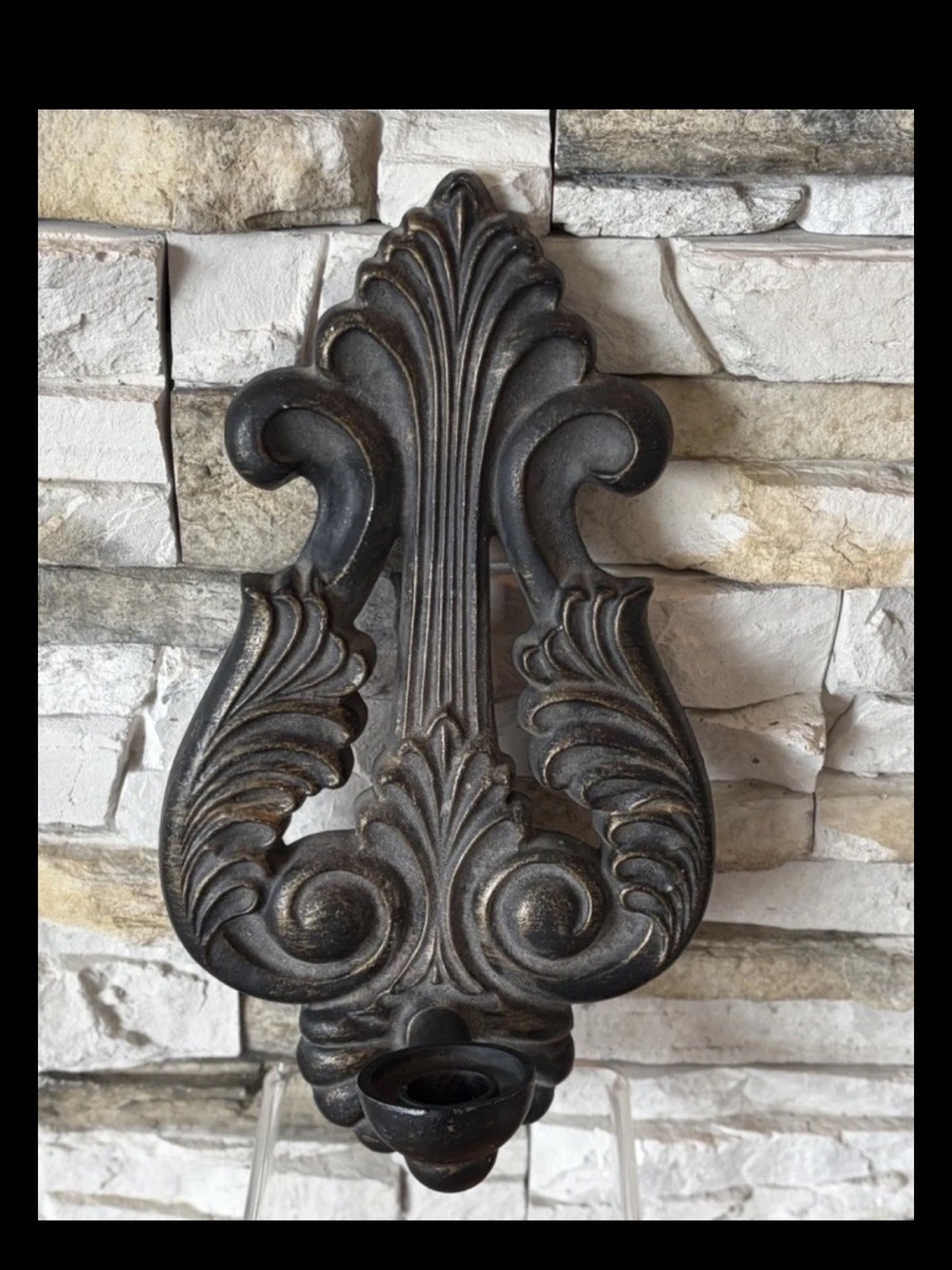 Wall Sconce Pillar Holder Cast Iron Black Patina Regency Goth Homeco VTG 12”